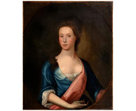 English School, late 17th c - Portrait of a Lady, bust length in a blue gown, feigned oval, 63 x 76cm, unframed Restored at s