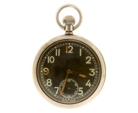 A WWII British military issue plated keyless lever watch, with black dial, 53mm diam, marked on caseback Broad Arrow G.S.T.P.
