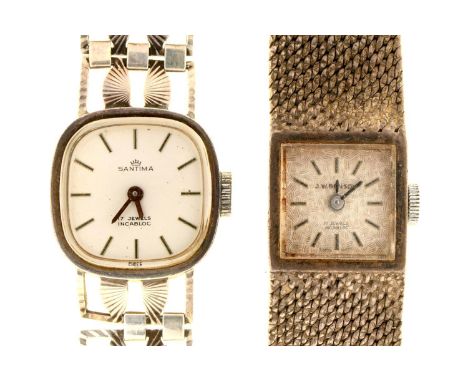 A J W Benson silver square lady's wristwatch, 15 x 15mm, import marked London 1979, on silver mesh bracelet and another silve