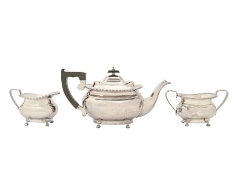 An Elizabeth II silver tea service,&nbsp; on paw feet, teapot 16cm h, by Viners Ltd, Sheffield 1966, 39ozs 17dwts (3) Good co