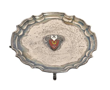 An Elizabeth II silver waiter, the field applied with a silver and enamel badge, on four feet, 15cm diam, by John Rose, Birmi