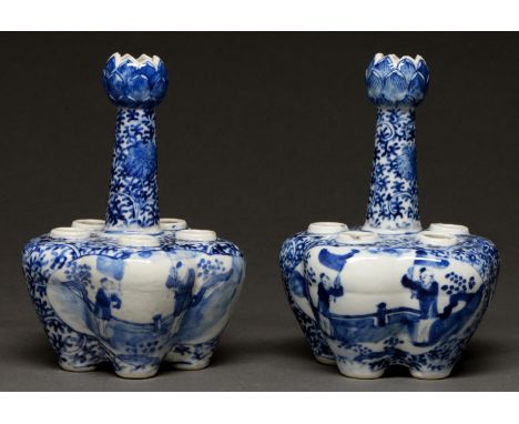 A pair of Chinese blue and white crocus / tulip bulb artichoke necked vases, late 19th / early 20th c,&nbsp;painted with pane