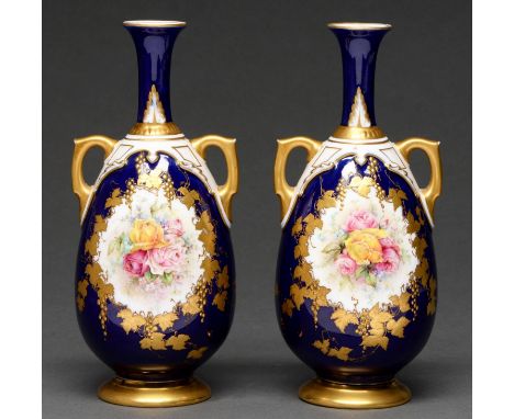 A pair of Royal Worcester vases, c1899, painted by Chair, both signed, with roses in raised gilt grapevine reserves on a coba