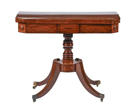 A George IV mahogany and ebony line inlaid card table, on ring turned pillar, round platform and quadruple down swept legs wi