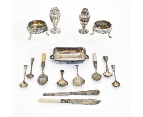 A George III vase shaped silver pepper caster and cover, 85mm h, by Samuel Hougham, London 1806 and miscellaneous silver arti