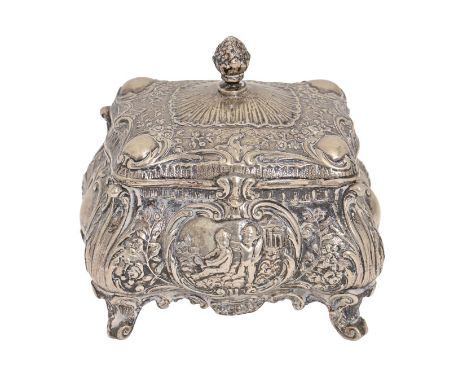 A Continental silver casket, c1900, of bombe form and richly decorated in relief with figures and foliage, 95mm h, bearing sp