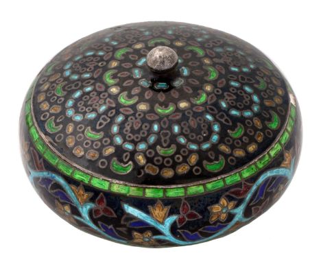 A Middle Eastern silver and enamel box and cover, decorated with stylised leaves, 68mm diam, marked 925, 3ozs Enamel slightly