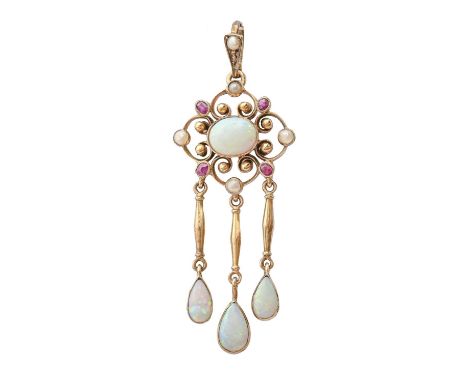 An opal and ruby openwork pendant, c1910, in gold, 43mm, marked 9ct, 2.3g Attractive and complete, in good condition, opals r