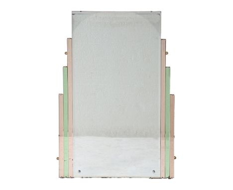 An Art Deco three colour glass mirror, of architectural design, 92 x 63cm and another, smaller 