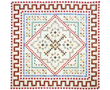 Folk Art. A mid-Victorian patchwork quilt, Mary Rawlinson, 1874,&nbsp;outlined by a large kite enclosing a checkerboard patte