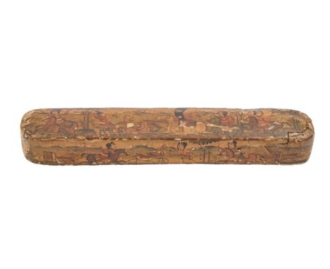 Islamic Art. A Persian lacquer pen box, Qajar dynasty, of painted and varnished papier mache, the lid and sides with hunting 
