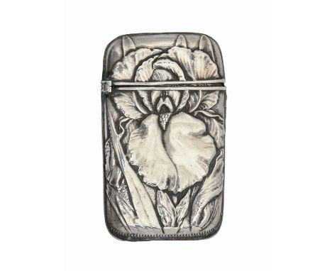 A North American Art Nouveau silver vesta case, c1910, die stamped with iris to both sides, 68mm h, by The Whiting Mfg. Co, N