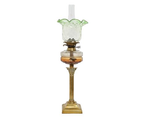 A Victorian columnar brass oil lamp, with glass fount and green glass shade, 75cm h Good condition