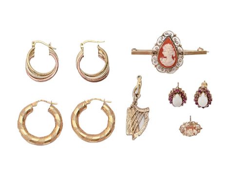 Miscellaneous gold articles, to include a pair of opal and ruby ear studs, approximately 12g Good condition