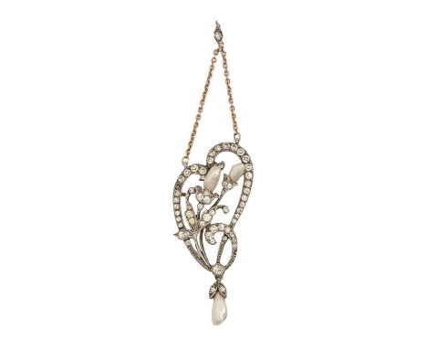 A Belle Epoque baroque pearl and paste pendant, c1910, in silver, 81mm, unmarked 8.6g Good condition