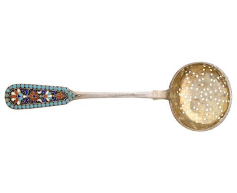 A Russian silver gilt and cloisonne enamel sugar sifter, Cyrillic maker's mark, Moscow, probably 1886, 1oz Enamel slightly ch