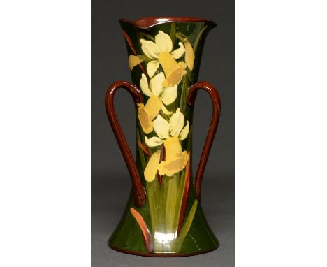 A Longpark Torquay Pottery Art Nouveau three handled vase, decorated with daffodils, 26cm h Good condition