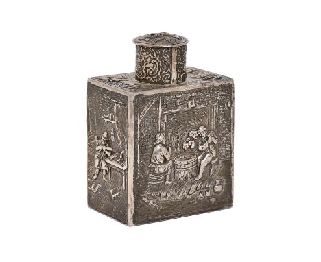 A Dutch silver tea caddy and cover, the sides chased with interior scenes with peasants, sliding base, 10cm h, control mark, 