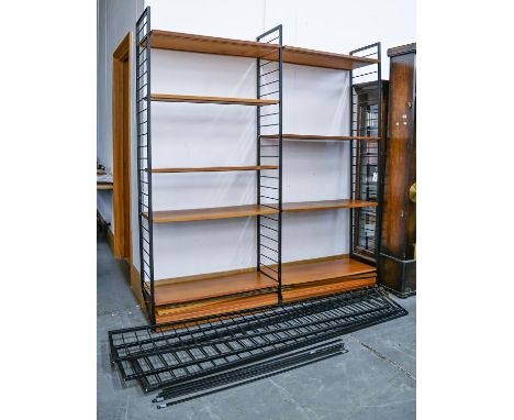 A quantity of mid-century ladder rack or modular shelving system, with teak shelves consisting of six uprights, 200cm h; 36cm