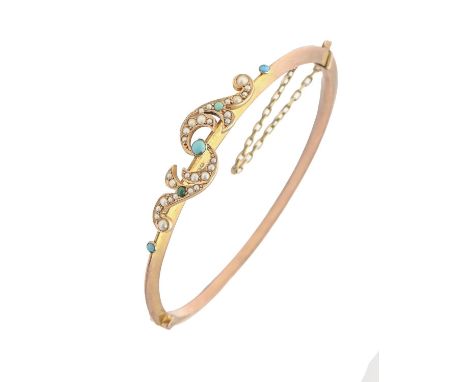 A Victorian split turquoise and pearl bangle, in 9ct gold, 57mm (internal), Birmingham 1899, 6.3g Complete and in good condit
