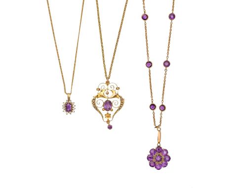 An amethyst and split pearl openwork pendant, c1910, in gold, 35mm, marked 9ct and two others, each with gold necklet, 11.5g 