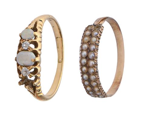 A split pearl ring, in gold on later gold hoop and an opal and diamond ring in 18ct gold, marks rubbed, 3.2g, size I, J (2) O