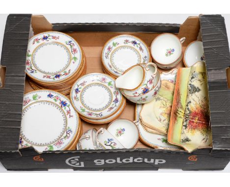 A Coalport Flower-Pot tea service and a Royal Doulton earthenware Autumn Glory pattern sandwich set, early 20th c, printed ma