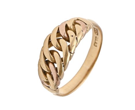 A gold entwined ring, early 20th c, marked 18ct, 4.8g, size N Light wear