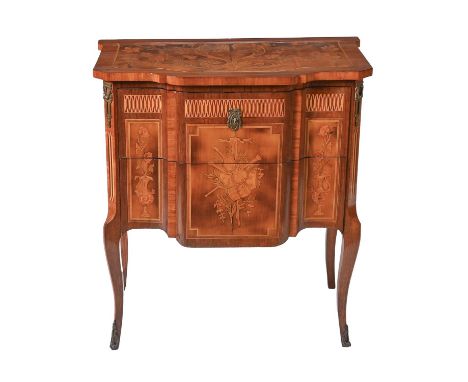 A French rosewood and marquetry commode, 19th c, in Louis XVI style, decorated with scrolling foliage, flowers and a musical 