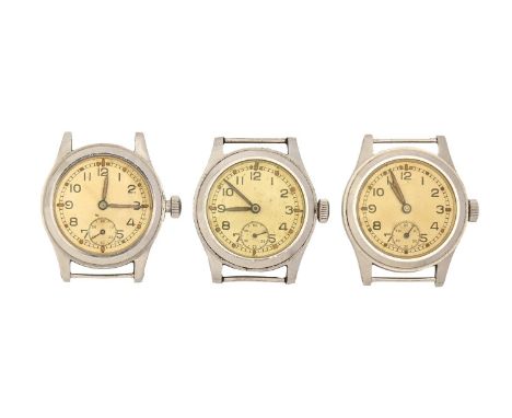 Three British Military Issue stainless steel wristwatches, 31mm diam, marked on caseback Broad Arrow W.W.W. and individual nu