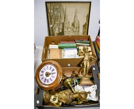 Miscellaneous items, including a pair of spelter busts of ladies on turned walnut plinths, 17cm h, a walnut wall clock with e