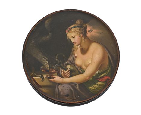 A papier mache snuff box and cover, c1840, the cover painted with Hebe, 95mm diam Paint slightly chipped and a little worn