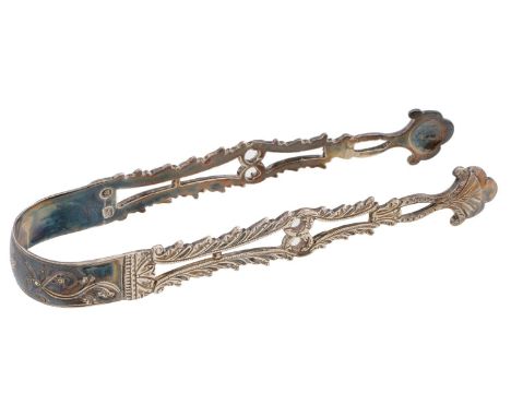 A pair of George III pierced silver sugar tongs, foliate engraved and initialled M/I*R, part marked, London, maker's mark rub