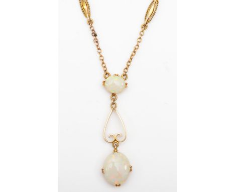 A 9ct gold opal drop necklace, 33mm, 40cm, 2.9gmCondition report - the necklace is marked to the clasp 9ct. 