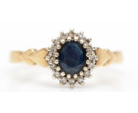 A 9ct gold sapphire and diamond cluster ring, with heart shaped shoulders, O, 3gm. 