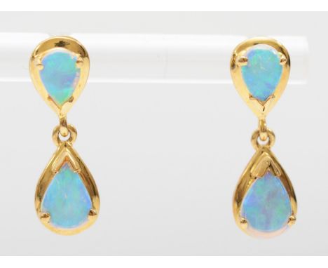 A pair of 18k gold crystal opal drop earrings, 20mm, 3.1gm, lacking backs. 