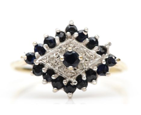 A 9ct gold sapphire and diamond cluster ring, Q-R, 1.4gm.Condition report- There are three lose sapphires that will need rese