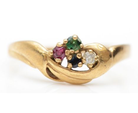 A 9ct gold ruby, emerald, sapphire and paste dress ring, P-Q, 1.8gm. 