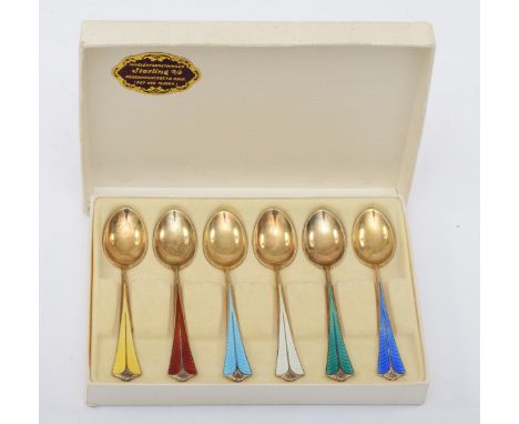 David Anderson, a Norwegian set of silver gilt and enamel coffee spoons, 57gm, original receipt and box. 