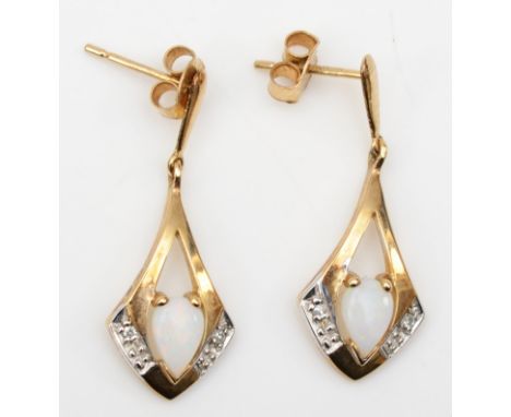 A pair of 9ct gold opal drop earrings, with flashes of red and green, 26mm, 1.6gm. 