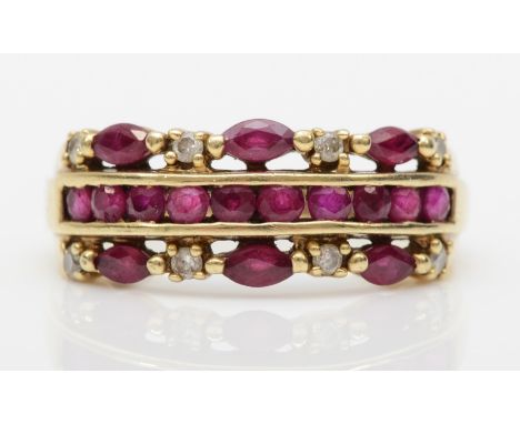 A 9ct gold ruby and brilliant cut diamond dress ring, Q-R, 3.6gm. 