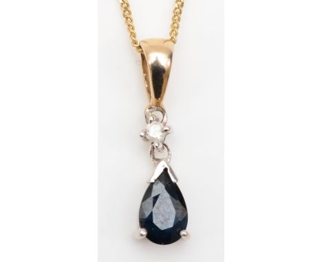 A 9ct gold pear cut sapphire and diamond pendant, on fine link chain, 17mm, 1.2gmCondition report - The chain is knotted, con