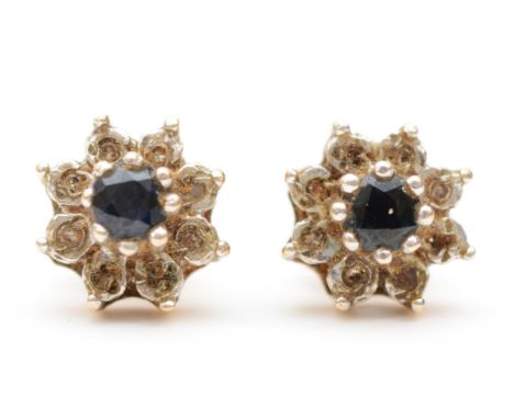 A pair of 9ct gold sapphire and diamond cluster stud earrings, 8mm, 1.7gm. 