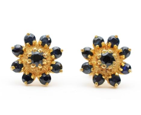 A pair of 9ct gold sapphire floral cluster earrings, 11mm, 2gm. 