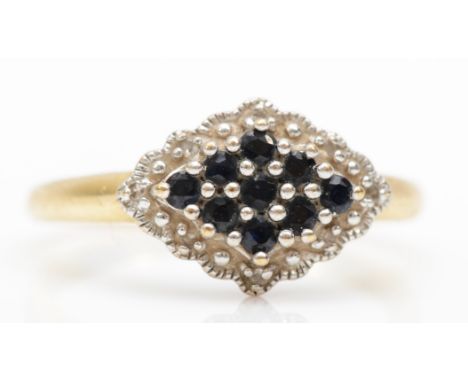 A 9ct gold sapphire and diamond cluster ring, Q, 2.4gm.Condition report - overall good condition with a few small imperfectio