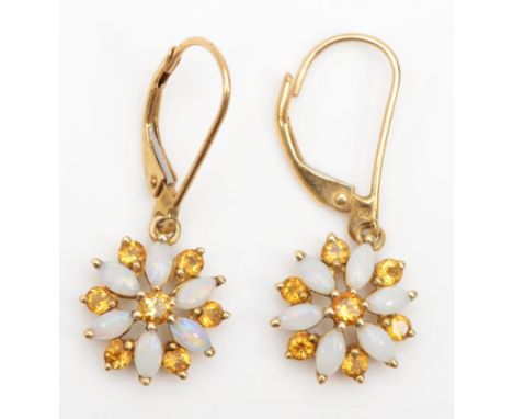 A pair of 9k gold opal and citrine drop earrings, 26 x 11mm, 2gm.Condition report - Overall good condition with light build u