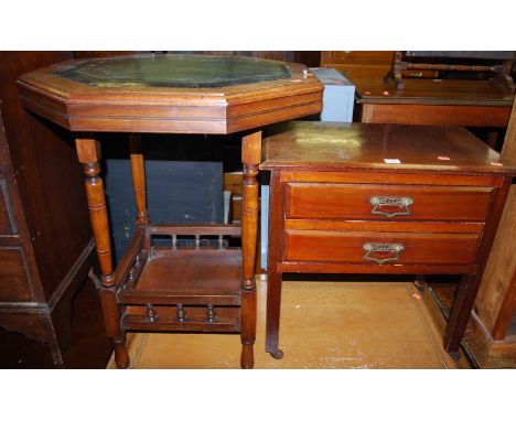 An Edwardian walnut and green leather inset octagonal two-tier occasional table; together with a mahogany low two-drawer lamp