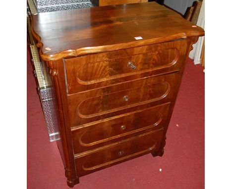 A 19th century German mahogany and flame mahogany commode chest, of four long drawers, having shaped thumb-moulded top, w.81c