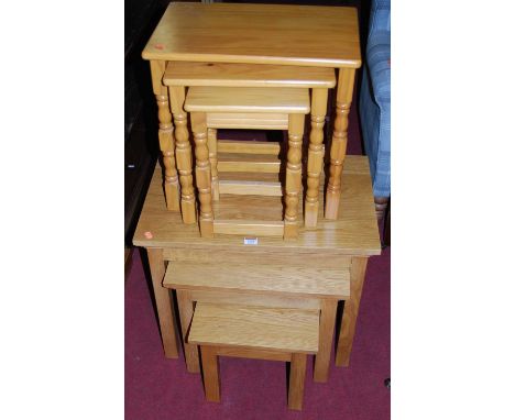 A contemporary light oak nest of three occasional tables, together with a smaller similar pine example (2)