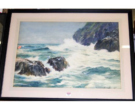 Thmoas S Hutton (c1875-1920) - Waves crashing on the cliffs, watercolour, signed and dated 1901 lower right, 50 x 73cm 